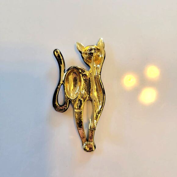 Vintage Cat Brooch Black Enamel Gold Tone Rhinestone Eyes Catcore Black Cat - Picture 10 of 12